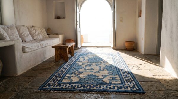 Small artistic scatter size antique chinese ningxia blue and white color rug 7 Small artistic scatter size antique chinese ningxia blue and white color rug (sku 21904) - room view