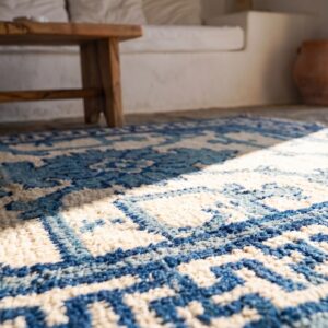 Small Artistic Scatter Size Antique Chinese Ningxia Blue and White Color Rug (SKU 21904) - in-room detail
