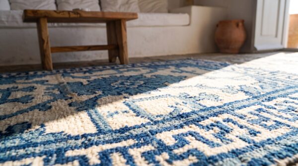 Small artistic scatter size antique chinese ningxia blue and white color rug 8 Small artistic scatter size antique chinese ningxia blue and white color rug (sku 21904) - in-room detail