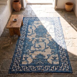 Small Artistic Scatter Size Antique Chinese Ningxia Blue and White Color Rug (SKU 21904) - styled overhead view