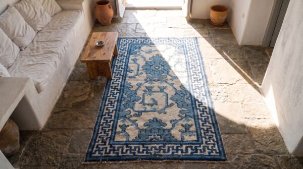 Small artistic scatter size antique chinese ningxia blue and white color rug 2 Small artistic scatter size antique chinese ningxia blue and white color rug (sku 21904) - styled overhead view