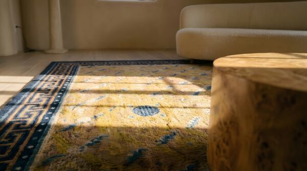 Small artistic yellow antique ningxia chinese hand knotted mid 19th century rug 9 Small artistic yellow antique ningxia chinese hand knotted mid 19th century rug (sku 25160) - in-room detail