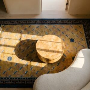 Small Artistic Yellow Antique Ningxia Chinese Hand Knotted Mid 19th Century Rug (SKU 25160) - styled overhead view