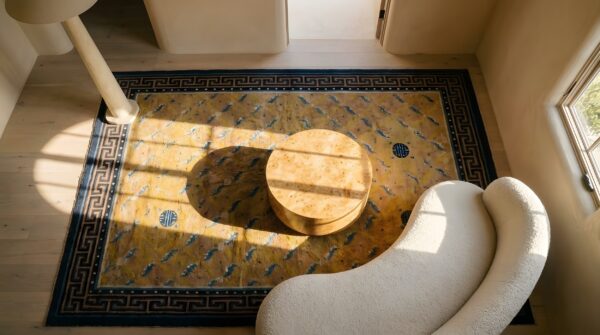 Small artistic yellow antique ningxia chinese hand knotted mid 19th century rug 2 Small artistic yellow antique ningxia chinese hand knotted mid 19th century rug (sku 25160) - styled overhead view