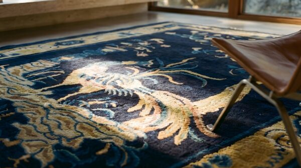 Small blue chinese artistic graceful bird of paradise pattern peking rug 8 Small blue chinese artistic graceful bird of paradise pattern peking rug (sku 23506) - in-room detail