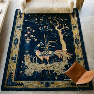 Small Blue Chinese Artistic Graceful Bird Of Paradise Pattern Peking Rug (SKU 23506) - styled overhead view