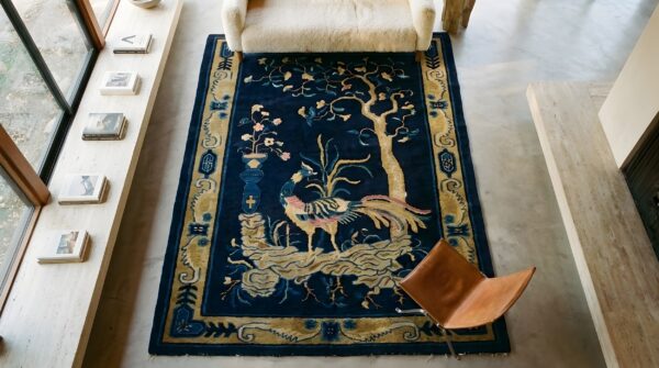 Small blue chinese artistic graceful bird of paradise pattern peking rug 2 Small blue chinese artistic graceful bird of paradise pattern peking rug (sku 23506) - styled overhead view