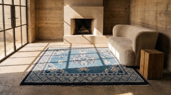 Antique small blue chinese peking square rug 9 Antique small blue chinese peking square rug (sku 23209) - room view