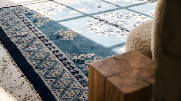 Antique small blue chinese peking square rug 10 Antique small blue chinese peking square rug (sku 23209) - in-room detail