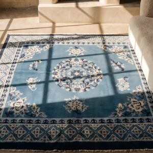 Antique Small Blue Chinese Peking Square Rug (SKU 23209) - styled overhead view