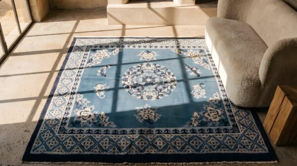 Antique small blue chinese peking square rug 2 Antique small blue chinese peking square rug (sku 23209) - styled overhead view