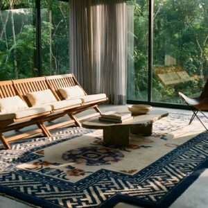 Small Antique Blue and Ivory Chinese Saddle Horse Cover Rug (SKU 23049) - room view