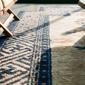 Small Antique Blue and Ivory Chinese Saddle Horse Cover Rug (SKU 23049) - in-room detail