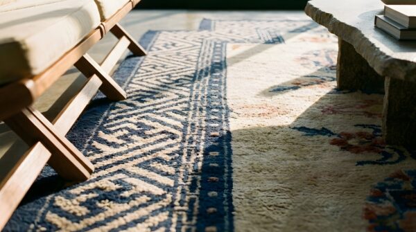 Small antique blue and ivory chinese saddle horse cover rug 7 Small antique blue and ivory chinese saddle horse cover rug (sku 23049) - in-room detail