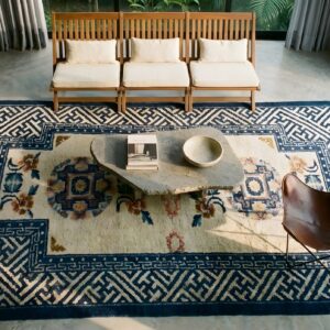 Small Antique Blue and Ivory Chinese Saddle Horse Cover Rug (SKU 23049) - styled overhead view