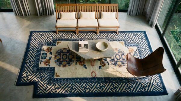Small antique blue and ivory chinese saddle horse cover rug 2 Small antique blue and ivory chinese saddle horse cover rug (sku 23049) - styled overhead view