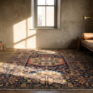 Small Blue Antique Tribal Geometric Persian Wool Pile Medallion Farahan Rug (SKU 19045) - room view