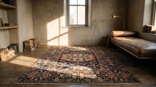Small blue antique tribal geometric persian wool pile medallion farahan rug 3 Small blue antique tribal geometric persian wool pile medallion farahan rug (sku 19045) - room view