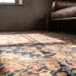 Small Blue Antique Tribal Geometric Persian Wool Pile Medallion Farahan Rug (SKU 19045) - in-room detail