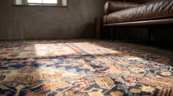 Small blue antique tribal geometric persian wool pile medallion farahan rug 4 Small blue antique tribal geometric persian wool pile medallion farahan rug (sku 19045) - in-room detail