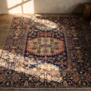Small Blue Antique Tribal Geometric Persian Wool Pile Medallion Farahan Rug (SKU 19045) - styled overhead view