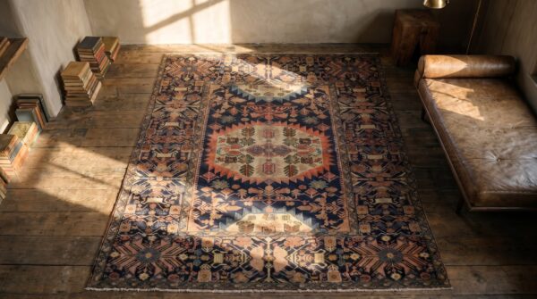 Small blue antique tribal geometric persian wool pile medallion farahan rug 2 Small blue antique tribal geometric persian wool pile medallion farahan rug (sku 19045) - styled overhead view
