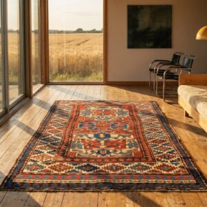 Small Bold Tribal Geometric Red Antique Caucasian Kazak Rug (SKU 18468) - room view