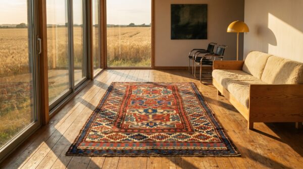Small bold tribal geometric red antique caucasian kazak rug 7 Small bold tribal geometric red antique caucasian kazak rug (sku 18468) - room view