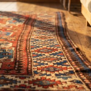 Small Bold Tribal Geometric Red Antique Caucasian Kazak Rug (SKU 18468) - in-room detail