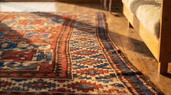 Small bold tribal geometric red antique caucasian kazak rug 8 Small bold tribal geometric red antique caucasian kazak rug (sku 18468) - in-room detail