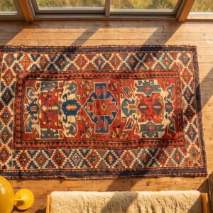 Small Bold Tribal Geometric Red Antique Caucasian Kazak Rug (SKU 18468) - styled overhead view