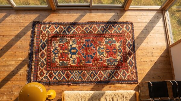 Small bold tribal geometric red antique caucasian kazak rug 2 Small bold tribal geometric red antique caucasian kazak rug (sku 18468) - styled overhead view