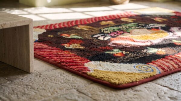 Small brown antique american 19th century folk art hooked rug 7 Small brown antique american 19th century folk art hooked rug (sku 20111) - in-room detail