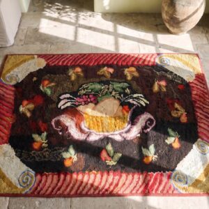 Small Brown Antique American 19th Century Folk Art Hooked Rug (SKU 20111) - styled overhead view