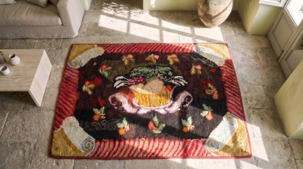 Small brown antique american 19th century folk art hooked rug 2 Small brown antique american 19th century folk art hooked rug (sku 20111) - styled overhead view