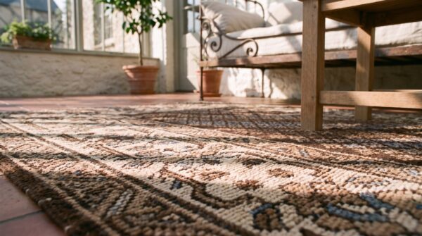 Small brown earth tone color antique tribal persian malayer rug (sku 21638) - in-room detail
