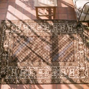 Small Brown Earth Tone Color Antique Tribal Persian Malayer Rug (SKU 21638) - styled overhead view