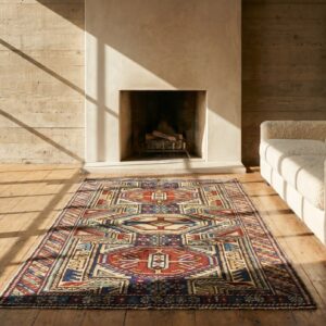 Small Colorful Antique Late 19th Century Tribal Geometric Key Hole Design Caucasian Shirvan Rug (SKU 19510) - room view
