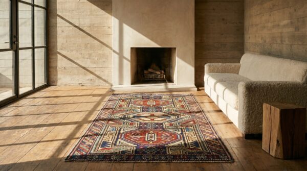 Small colorful antique late 19th century tribal geometric key hole design caucasian shirvan rug 7 Small colorful antique late 19th century tribal geometric key hole design caucasian shirvan rug (sku 19510) - room view