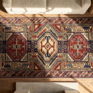 Small Colorful Antique Late 19th Century Tribal Geometric Key Hole Design Caucasian Shirvan Rug (SKU 19510) - styled overhead view