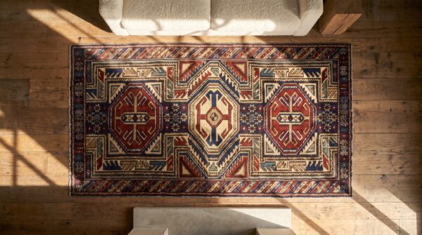 Small colorful antique late 19th century tribal geometric key hole design caucasian shirvan rug 2 Small colorful antique late 19th century tribal geometric key hole design caucasian shirvan rug (sku 19510) - styled overhead view