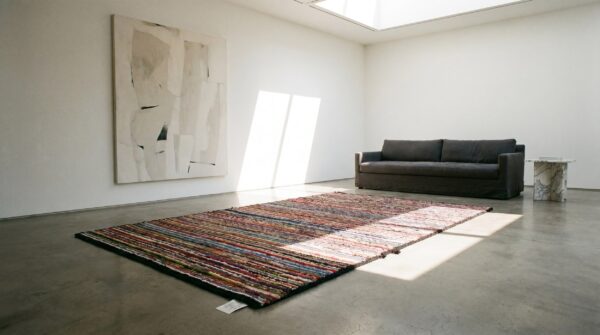 Small colorful stripped antique modernist american hooked area rug (sku 17661) - room view