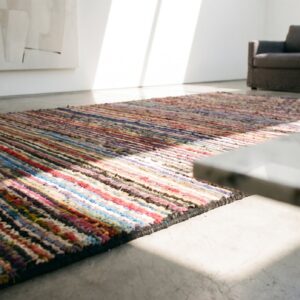 Small Colorful Stripped Antique Modernist American Hooked Area Rug (SKU 17661) - in-room detail