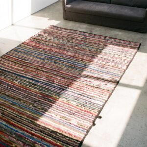 Small Colorful Stripped Antique Modernist American Hooked Area Rug (SKU 17661) - styled overhead view