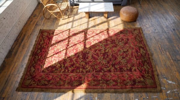 Small coral artistic antique mid 19th century english axminster area rug 2 Small coral artistic antique mid 19th century english axminster area rug (sku 20881) - styled overhead view