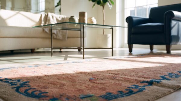 Small antique coral color chinese bat cloud band dragon design peking rug 8 Small antique coral color chinese bat cloud band dragon design peking rug (sku 23321) - in-room detail