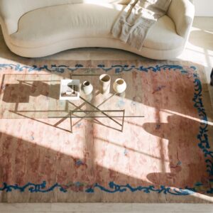 Small Antique Coral Color Chinese Bat Cloud Band Dragon Design Peking Rug (SKU 23321) - styled overhead view