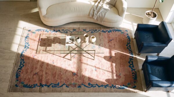 Small antique coral color chinese bat cloud band dragon design peking rug 2 Small antique coral color chinese bat cloud band dragon design peking rug (sku 23321) - styled overhead view