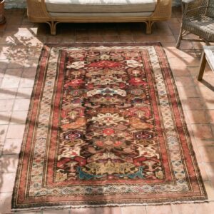 Small Coral Antique Tribal Caucasian Bidjov Hand Knotted Wool Rug (SKU 18005) - styled overhead view