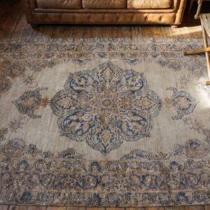 Small Antique Cream Color Late 19th Century Fine Floral Medallion Design Persian Kerman Rug (SKU 18344) - styled overhead view